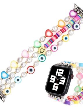 Colorful Beaded Apple Watch Band with Hearts and Evil Eye Charms